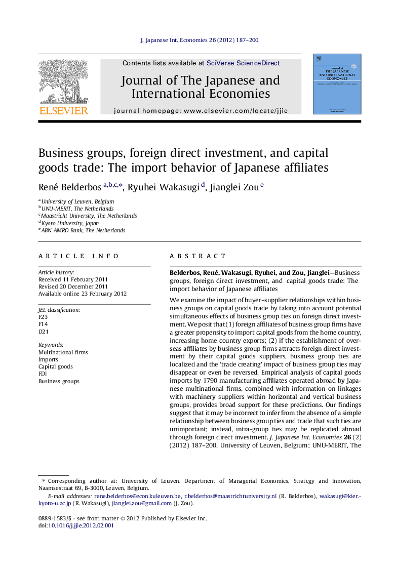 Business groups, foreign direct investment, and capital goods trade: The import behavior of Japanese affiliates