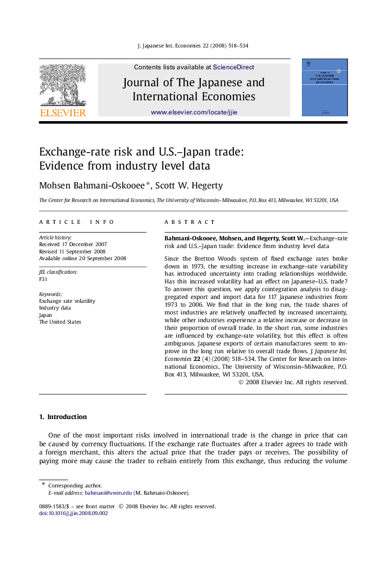 Exchange-rate risk and U.S.-Japan trade: Evidence from industry level data