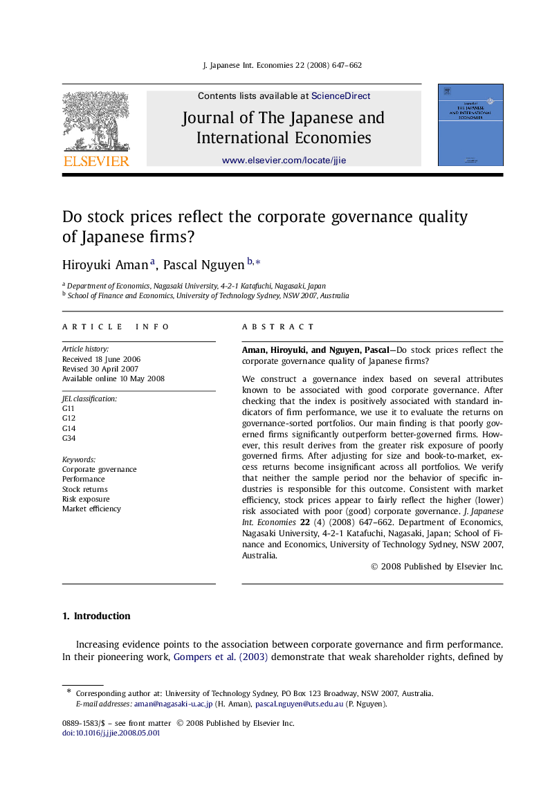 Do stock prices reflect the corporate governance quality of Japanese firms?