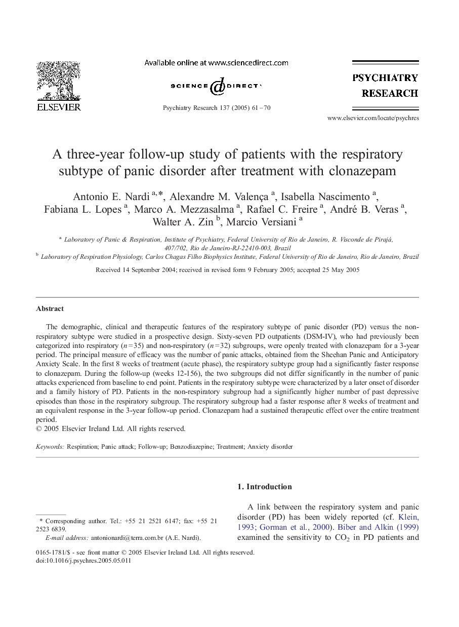 A three-year follow-up study of patients with the respiratory subtype of panic disorder after treatment with clonazepam