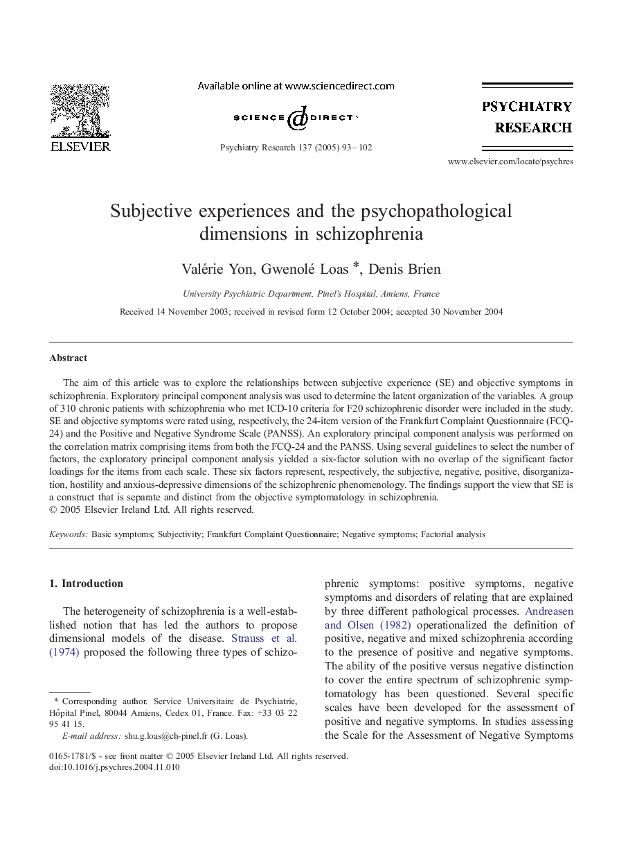 Subjective experiences and the psychopathological dimensions in schizophrenia