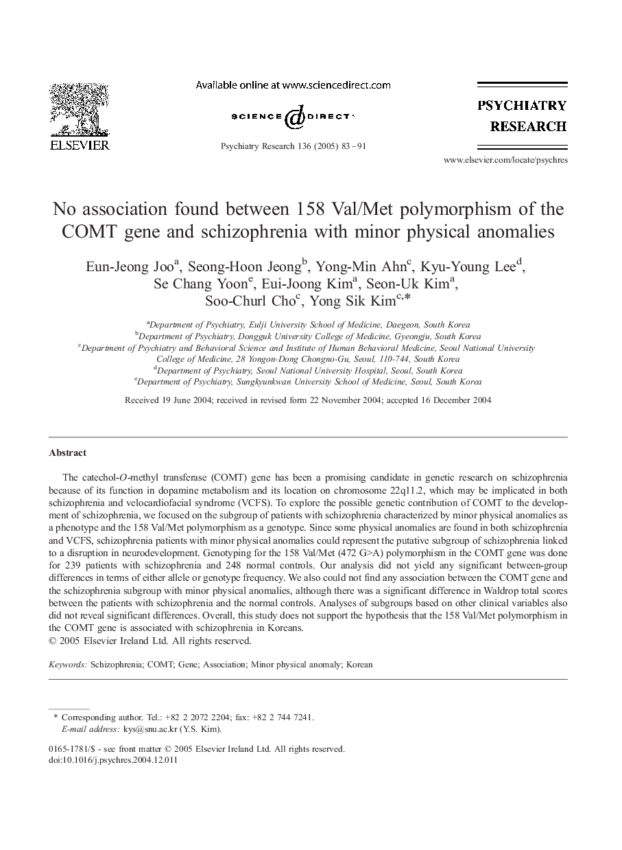 No association found between 158 Val/Met polymorphism of the COMT gene and schizophrenia with minor physical anomalies