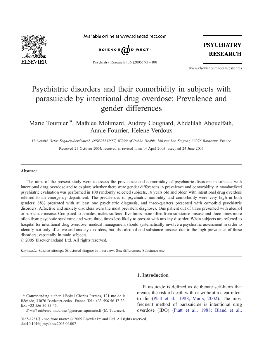 Psychiatric disorders and their comorbidity in subjects with parasuicide by intentional drug overdose: Prevalence and gender differences