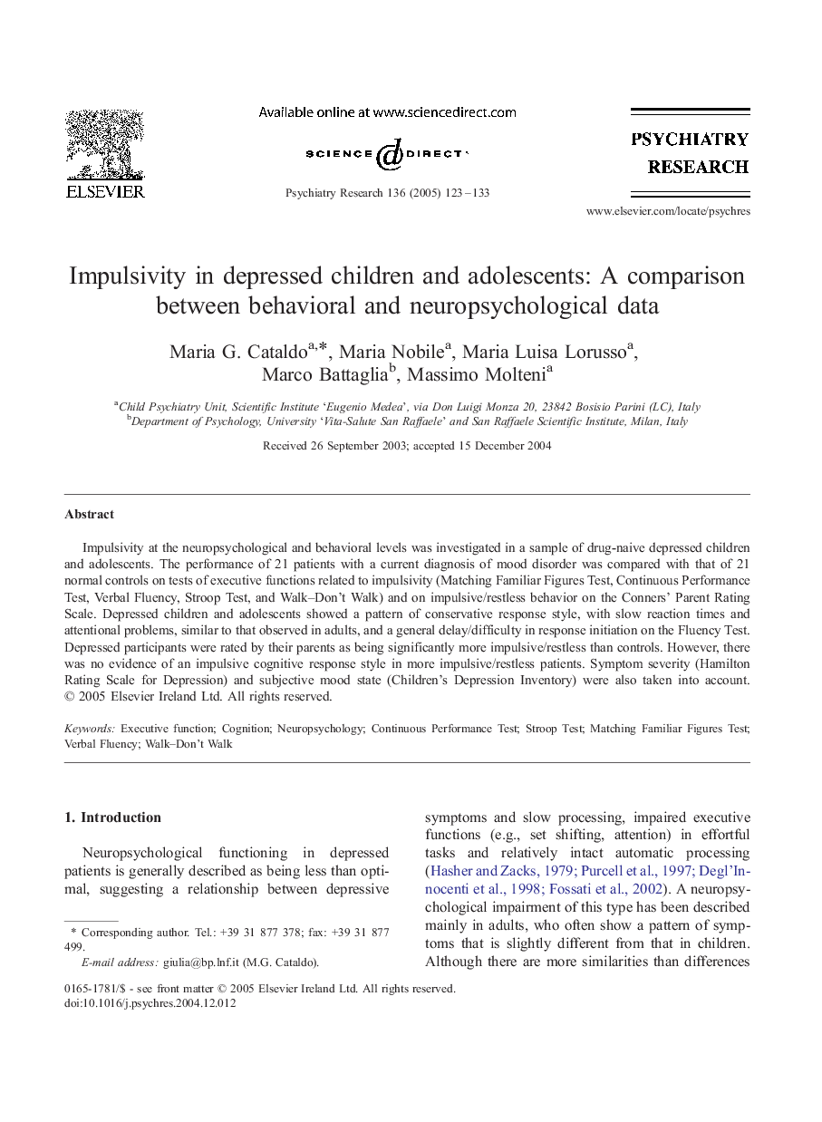 Impulsivity in depressed children and adolescents: A comparison between behavioral and neuropsychological data