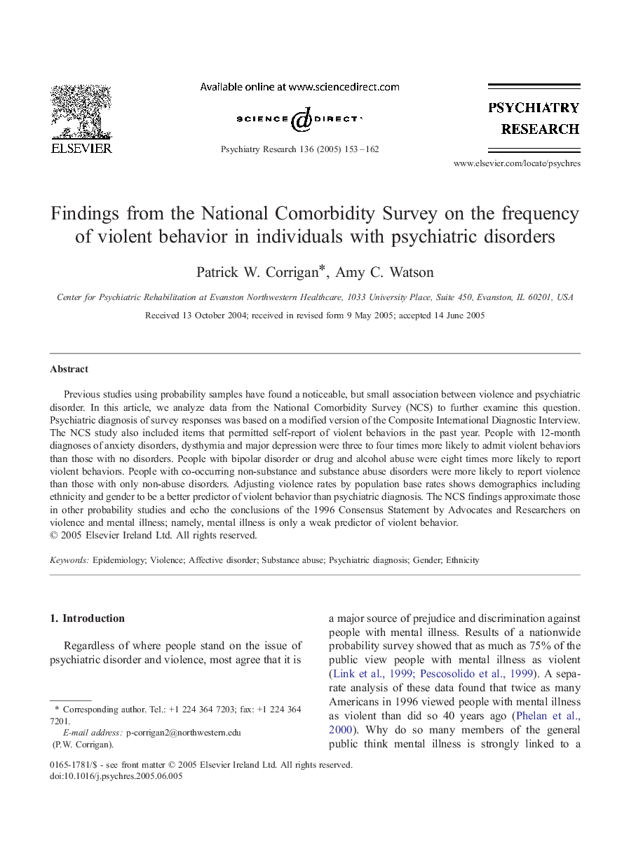 Findings from the National Comorbidity Survey on the frequency of violent behavior in individuals with psychiatric disorders