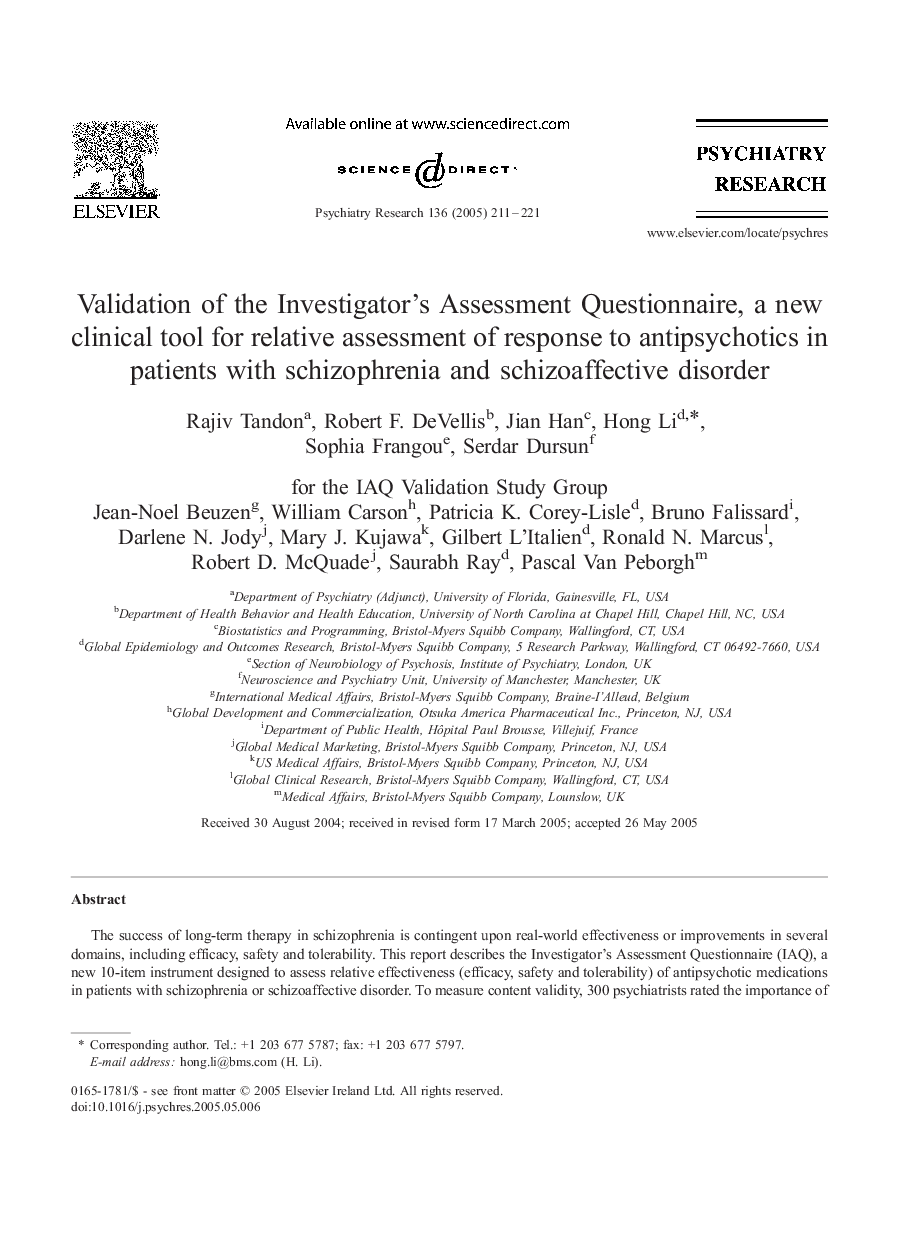 Validation of the Investigator's Assessment Questionnaire, a new clinical tool for relative assessment of response to antipsychotics in patients with schizophrenia and schizoaffective disorder