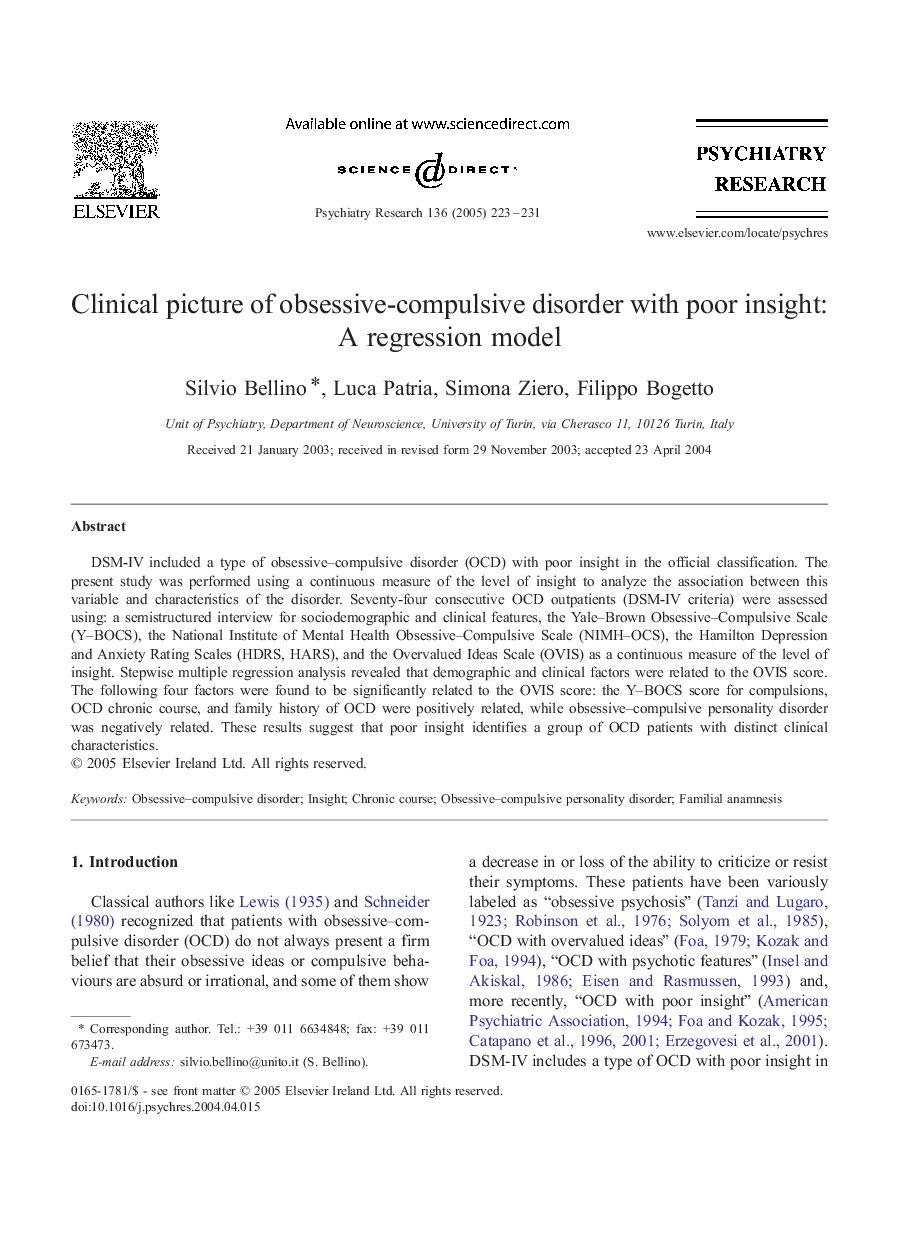 Clinical picture of obsessive-compulsive disorder with poor insight: A regression model