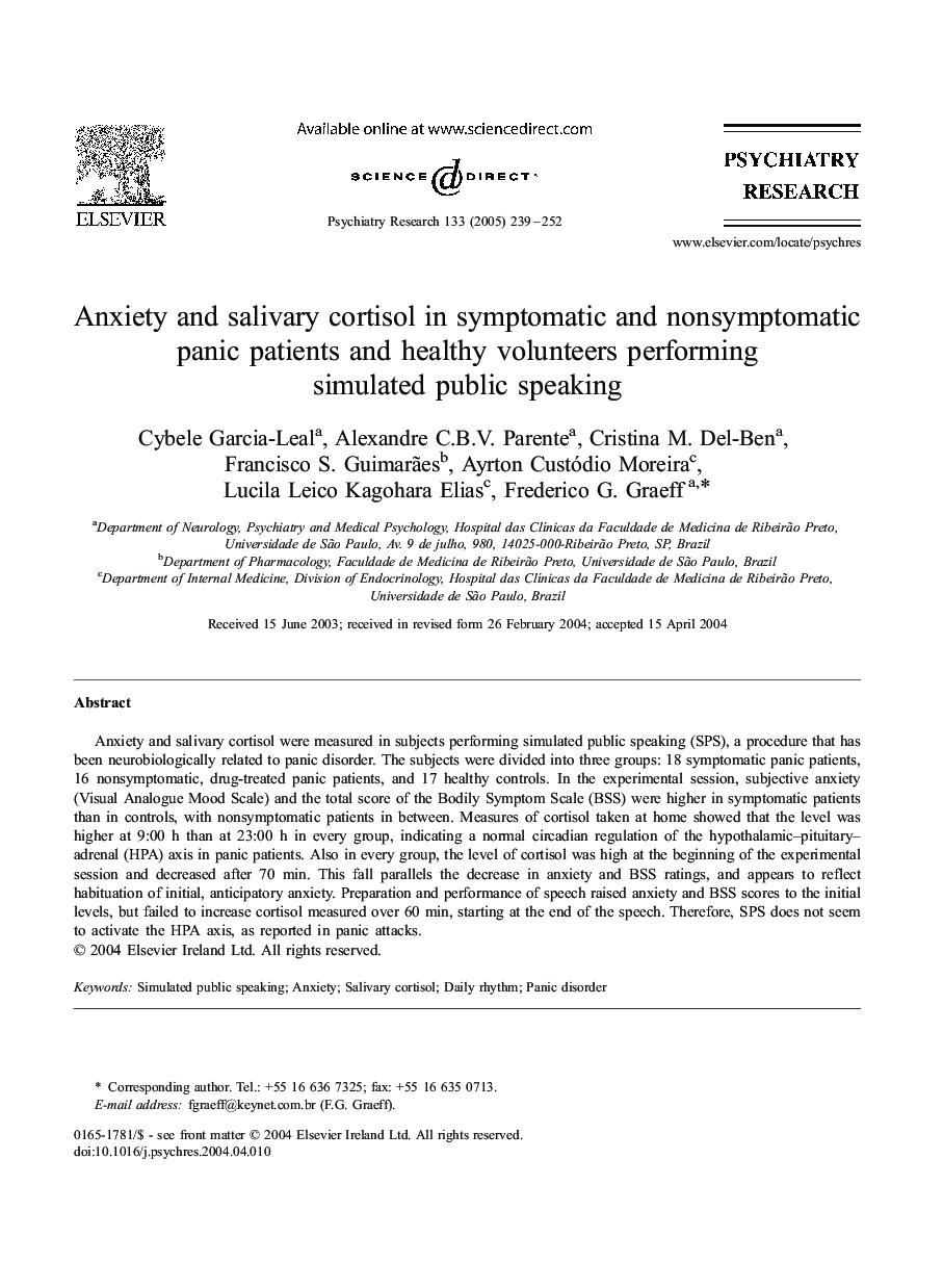 Anxiety and salivary cortisol in symptomatic and nonsymptomatic panic patients and healthy volunteers performing simulated public speaking