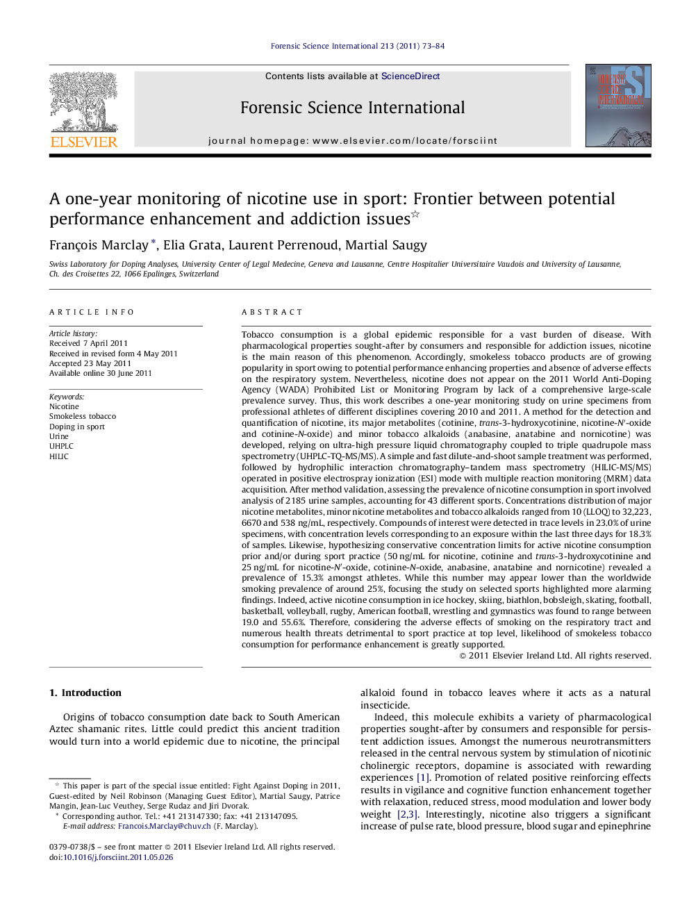 A one-year monitoring of nicotine use in sport: Frontier between potential performance enhancement and addiction issues 