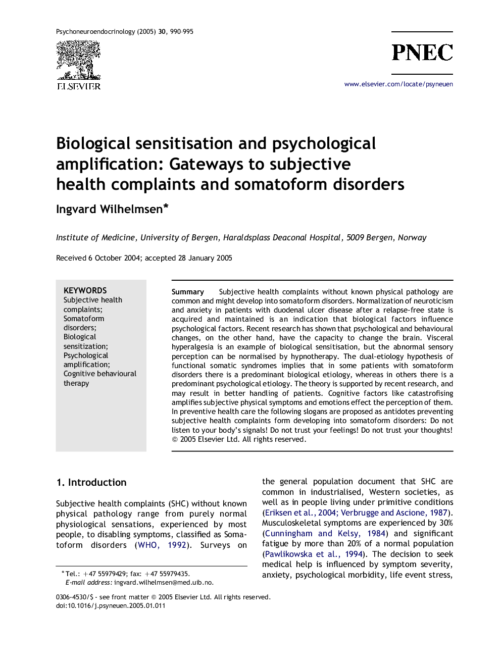 Biological sensitisation and psychological amplification: Gateways to subjective health complaints and somatoform disorders