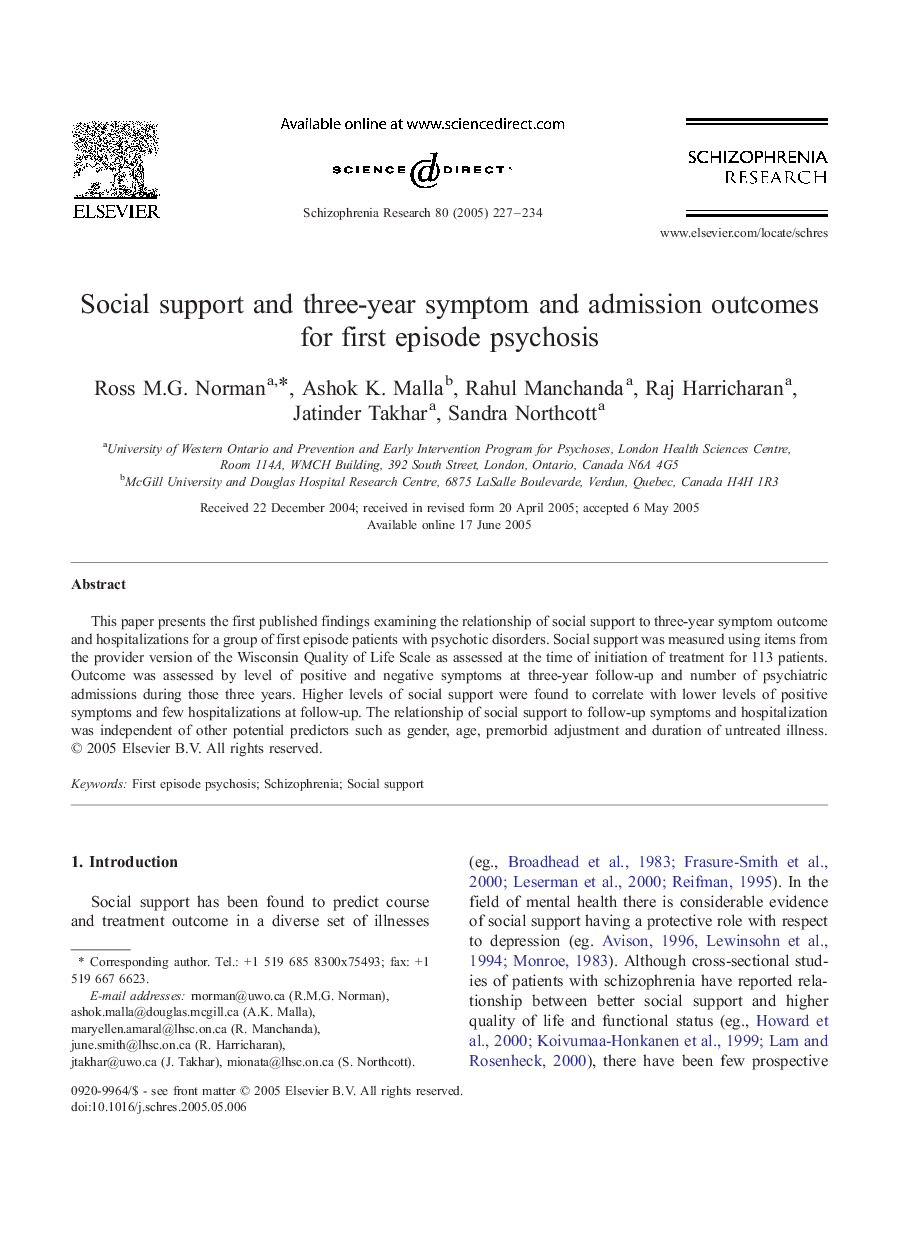 Social support and three-year symptom and admission outcomes for first episode psychosis