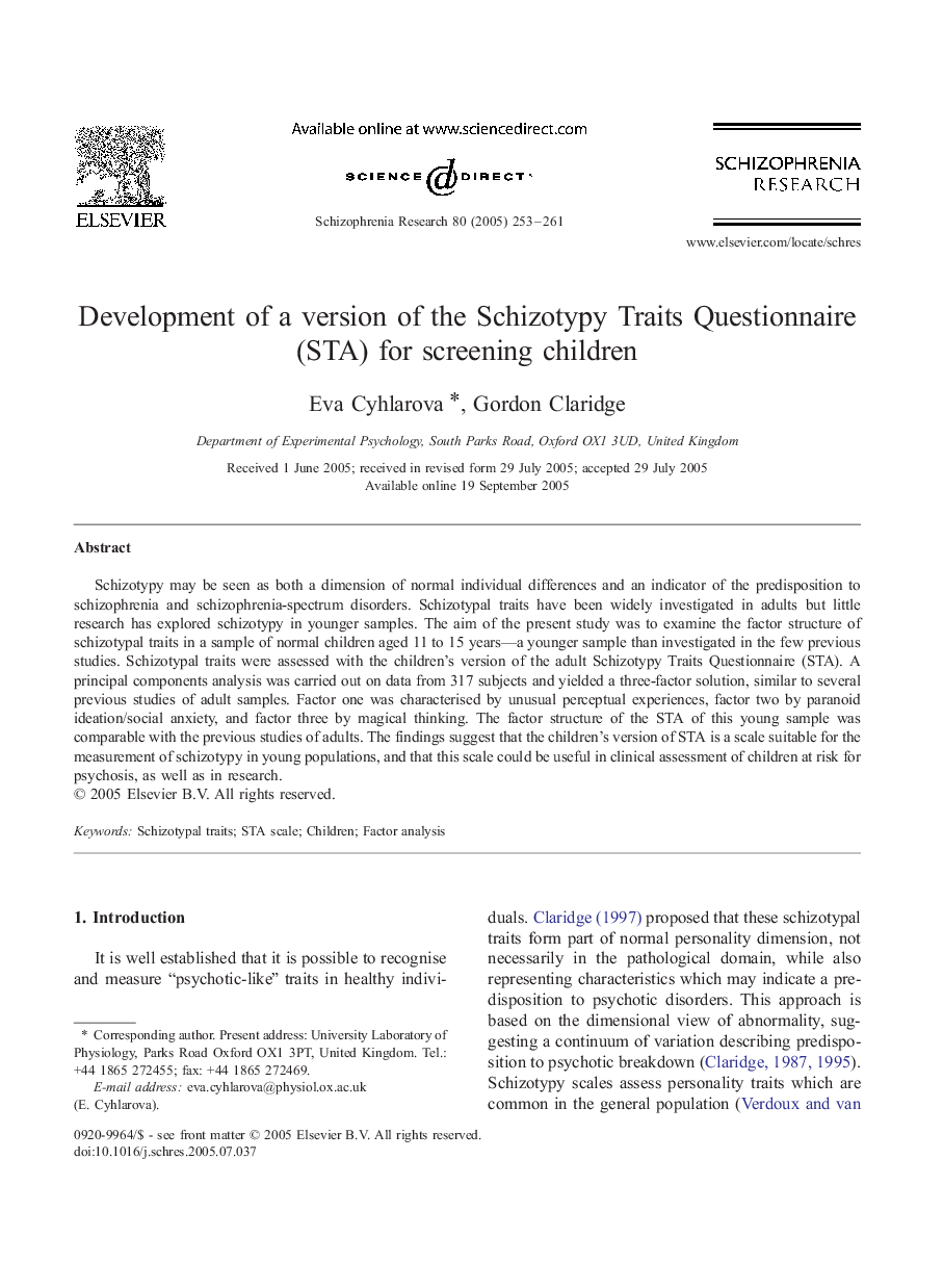 عکس صفحه اول مقاله: Development of a version of the Schizotypy Traits Questionnaire (STA) for screening children Development of a version of the Schizotypy Traits Questionnaire (STA) for screening children