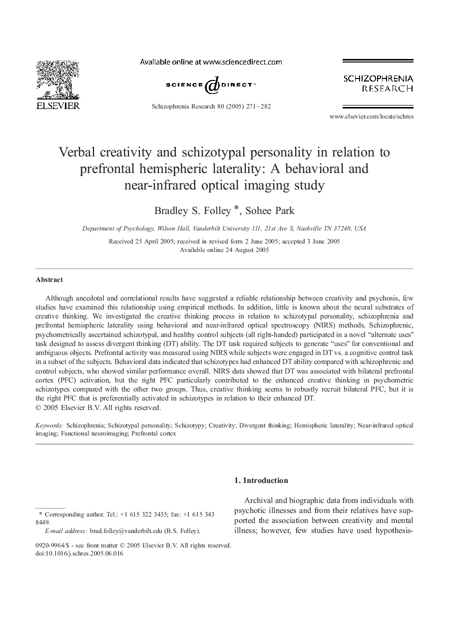 Verbal creativity and schizotypal personality in relation to prefrontal hemispheric laterality: A behavioral and near-infrared optical imaging study