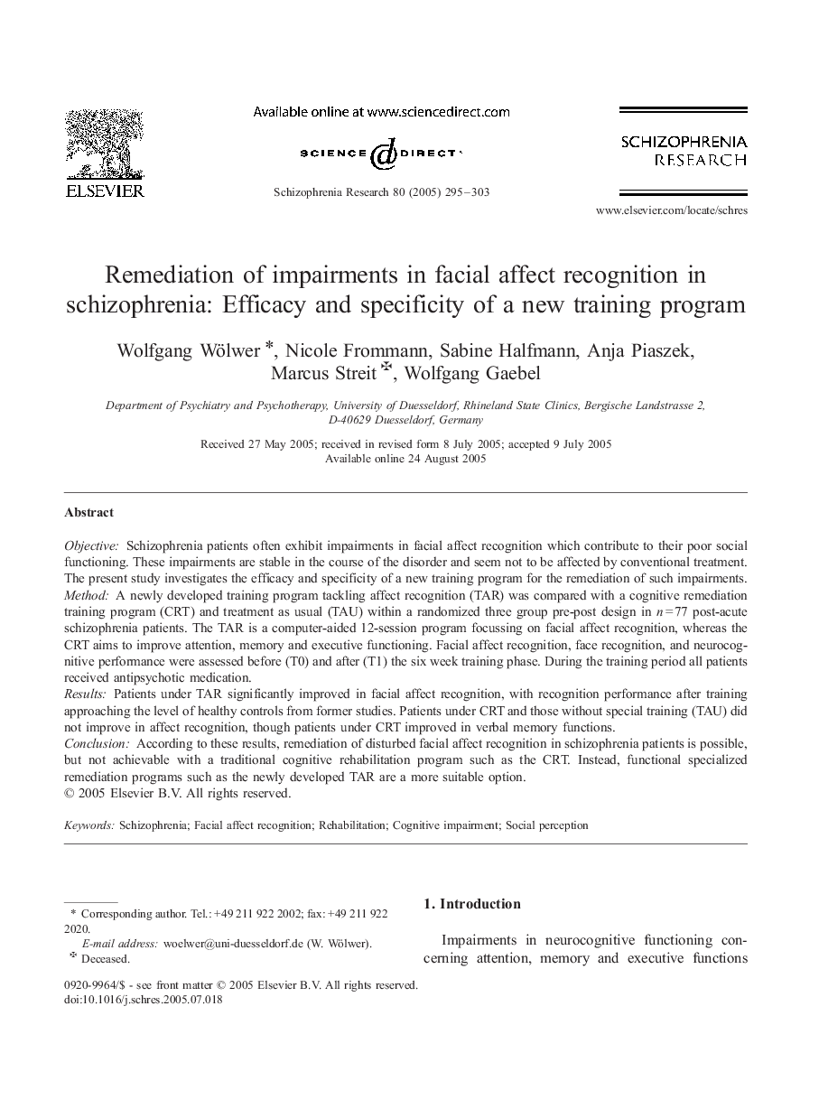 Remediation of impairments in facial affect recognition in schizophrenia: Efficacy and specificity of a new training program