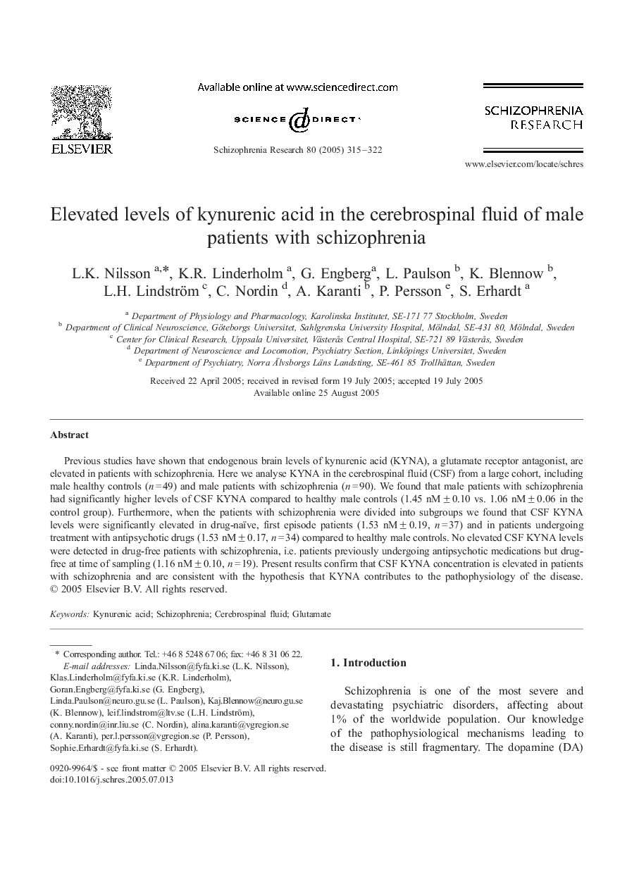 عکس صفحه اول مقاله: Elevated levels of kynurenic acid in the cerebrospinal fluid of male patients with schizophrenia Elevated levels of kynurenic acid in the cerebrospinal fluid of male patients with schizophrenia