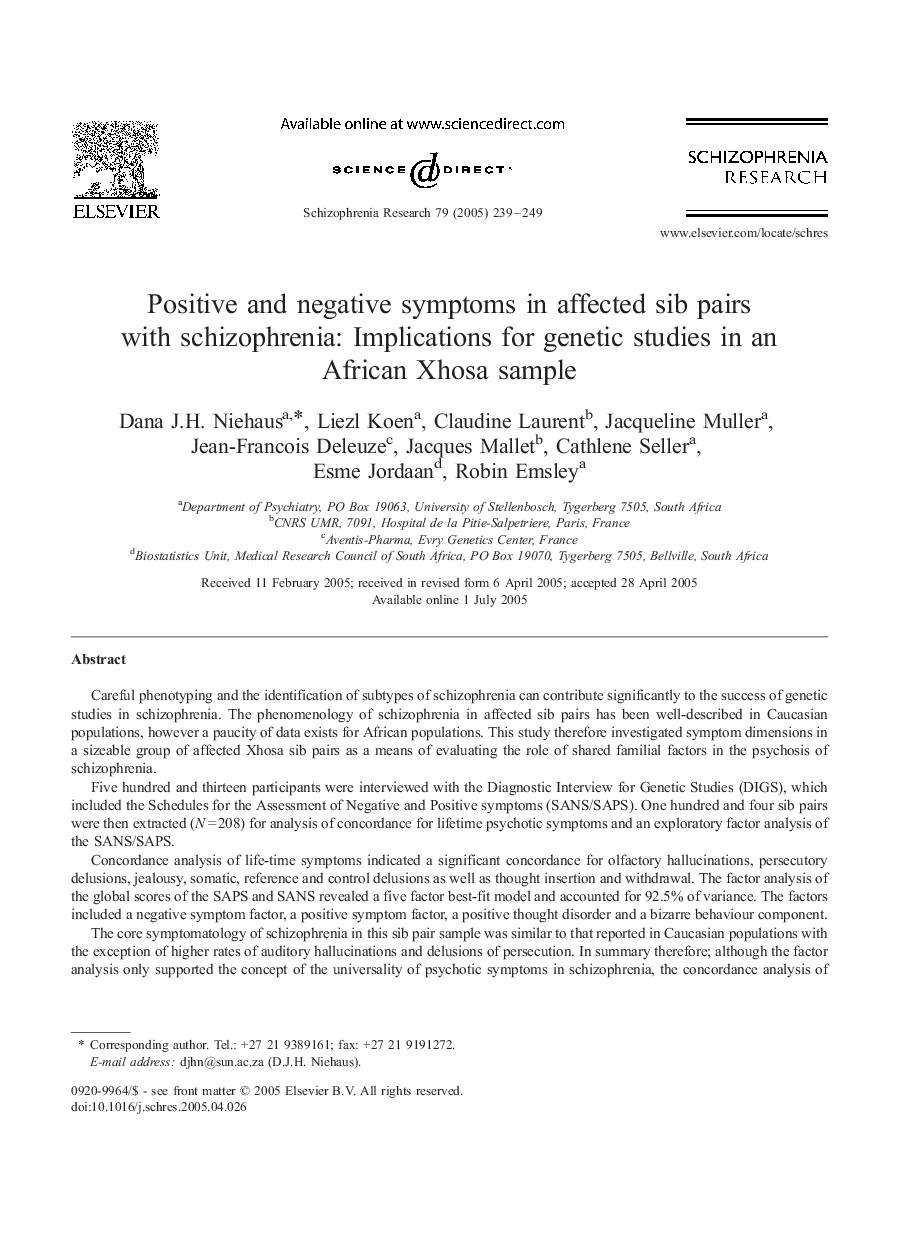 Positive and negative symptoms in affected sib pairs with schizophrenia: Implications for genetic studies in an African Xhosa sample