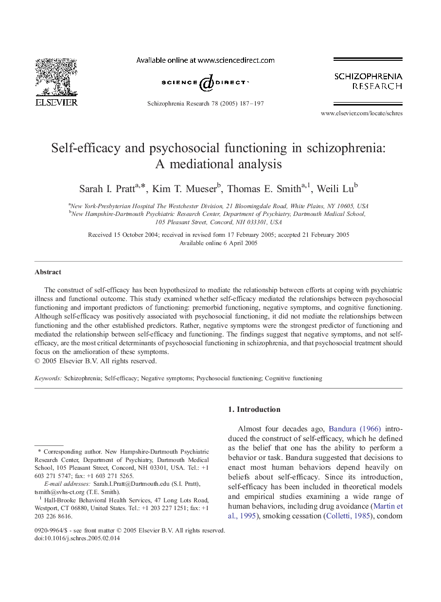 Self-efficacy and psychosocial functioning in schizophrenia: A mediational analysis