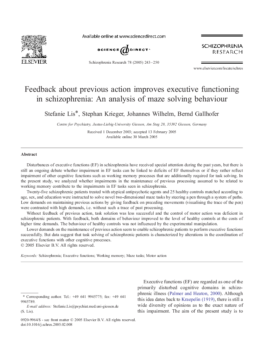 عکس صفحه اول مقاله: Feedback about previous action improves executive functioning in schizophrenia: An analysis of maze solving behaviour Feedback about previous action improves executive functioning in schizophrenia: An analysis of maze solving behaviour