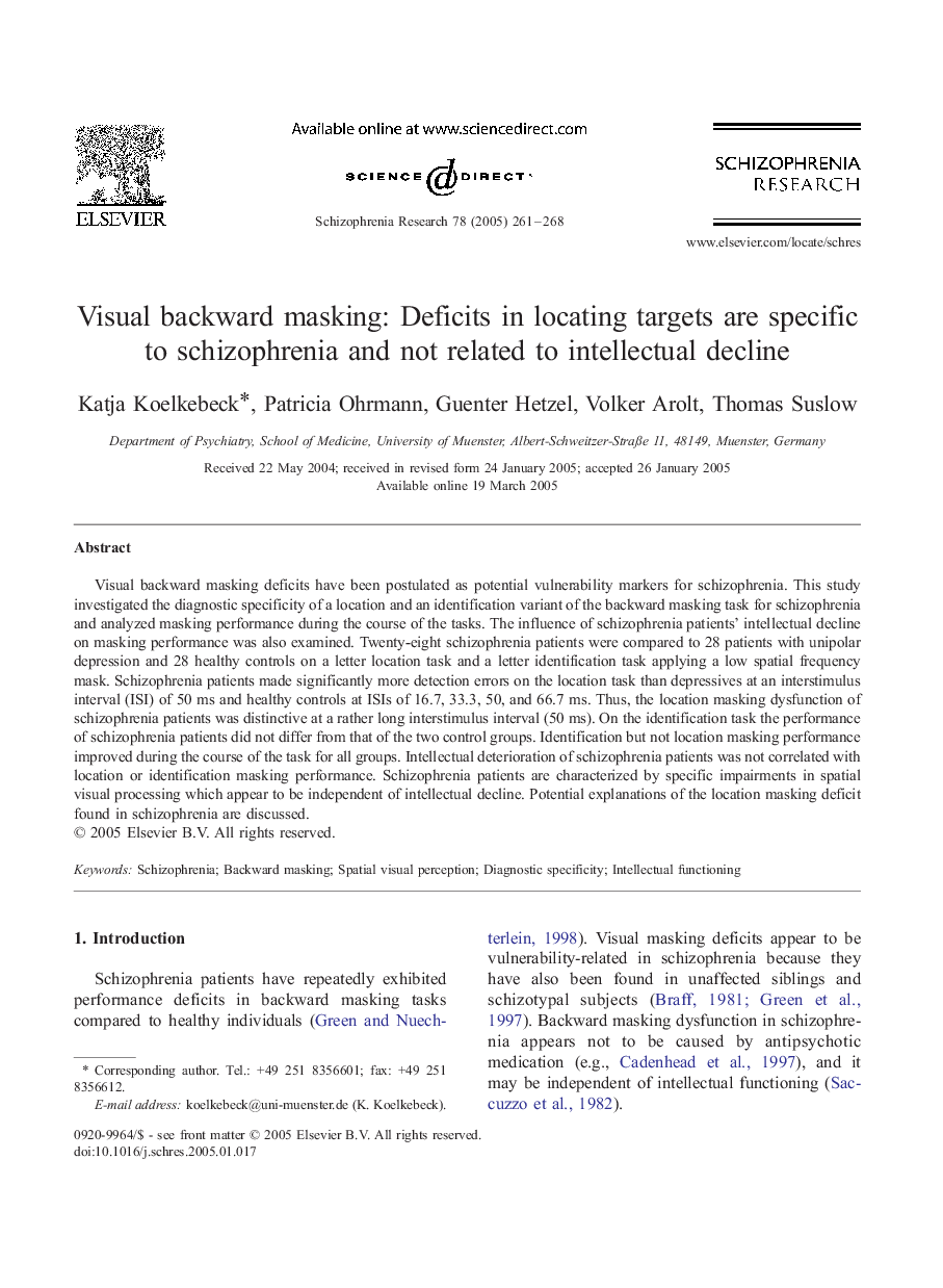 Visual backward masking: Deficits in locating targets are specific to schizophrenia and not related to intellectual decline