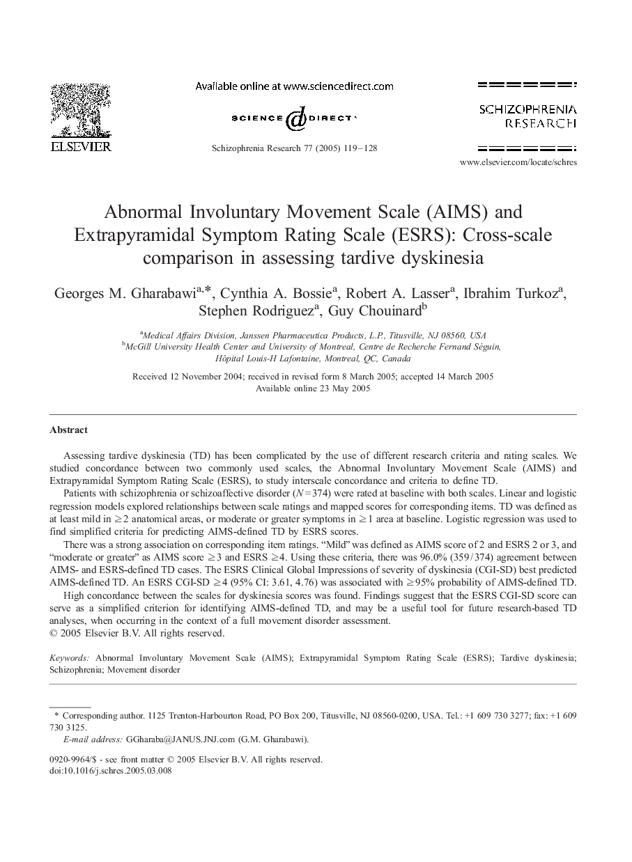 Abnormal Involuntary Movement Scale (AIMS) and Extrapyramidal Symptom Rating Scale (ESRS): Cross-scale comparison in assessing tardive dyskinesia