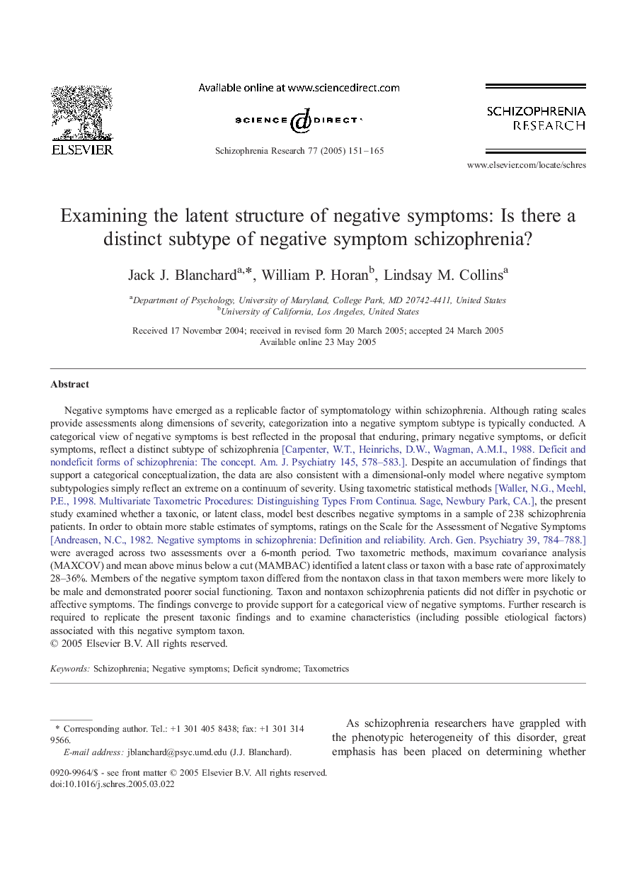 Examining the latent structure of negative symptoms: Is there a distinct subtype of negative symptom schizophrenia?