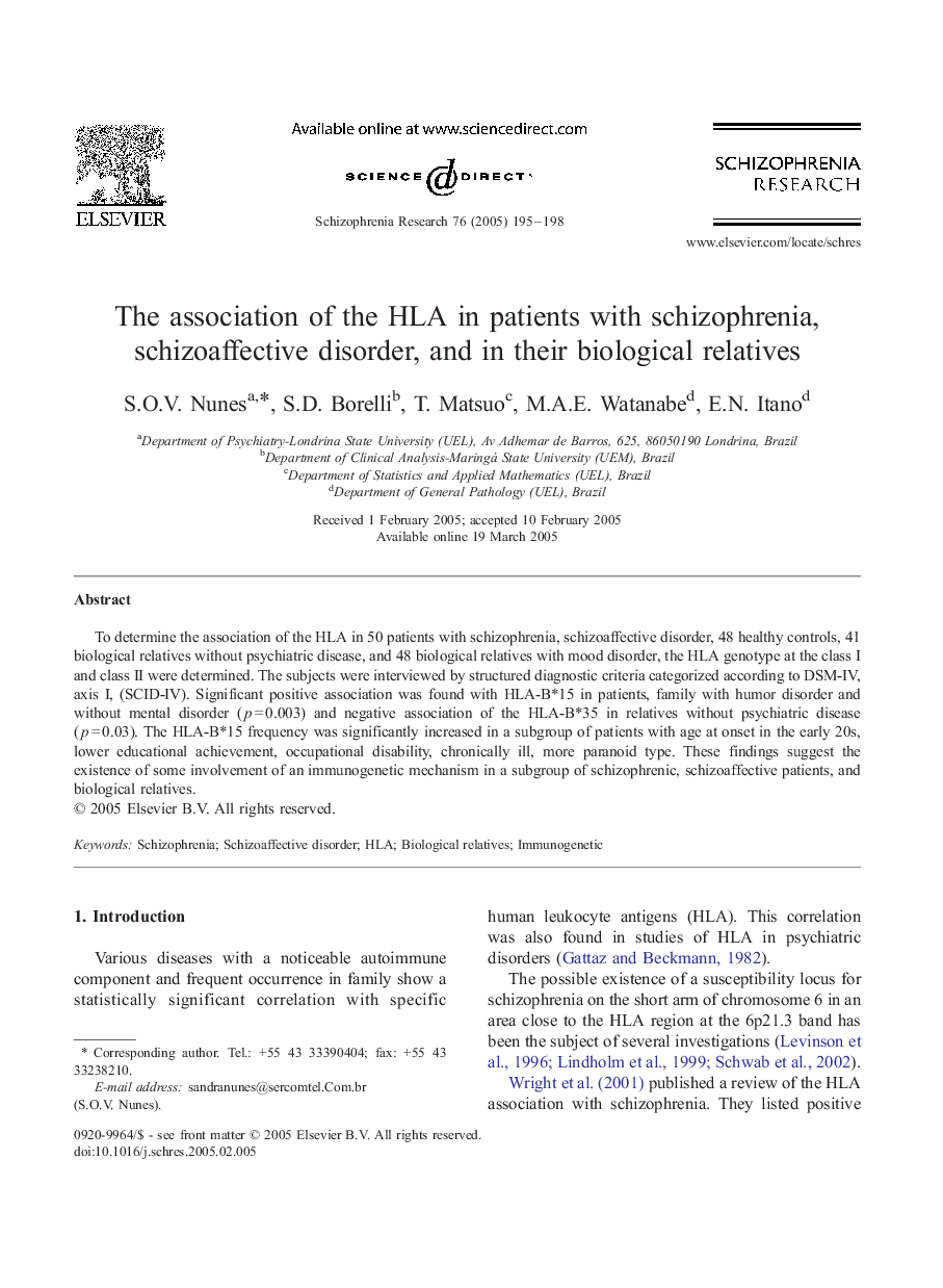 The association of the HLA in patients with schizophrenia, schizoaffective disorder, and in their biological relatives