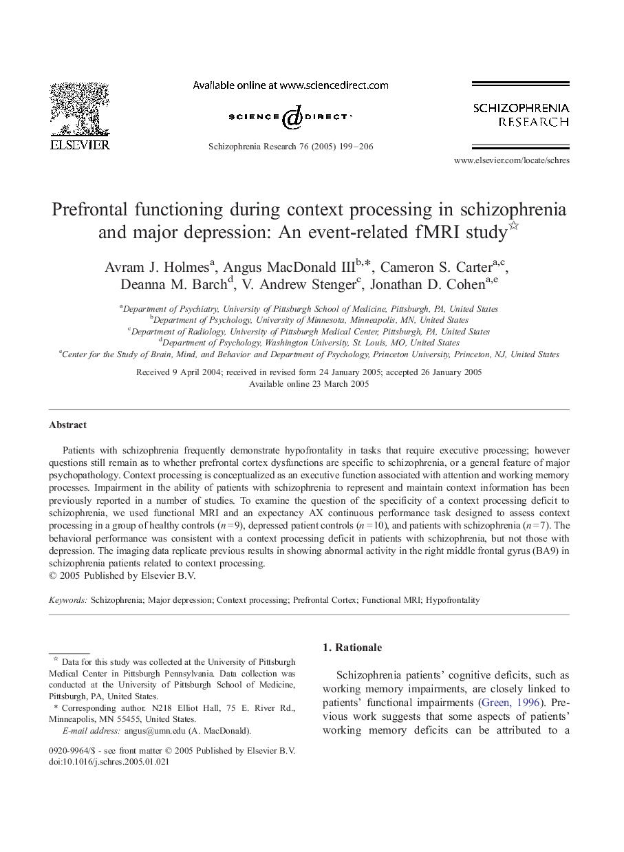 Prefrontal functioning during context processing in schizophrenia and major depression: An event-related fMRI study