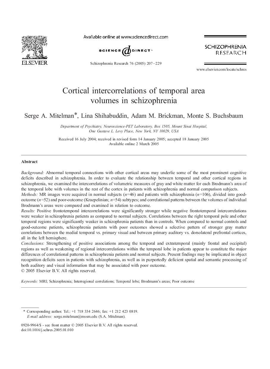 Cortical intercorrelations of temporal area volumes in schizophrenia