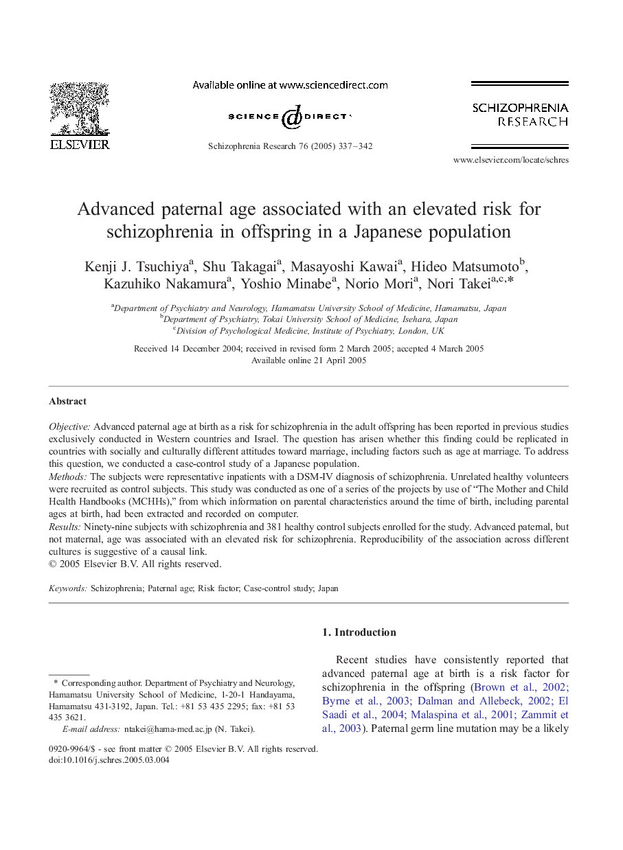 Advanced paternal age associated with an elevated risk for schizophrenia in offspring in a Japanese population