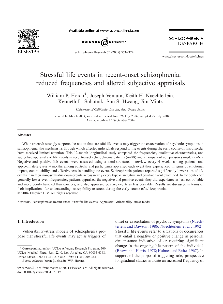 Stressful life events in recent-onset schizophrenia: reduced frequencies and altered subjective appraisals