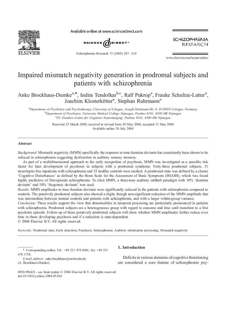 Impaired mismatch negativity generation in prodromal subjects and patients with schizophrenia