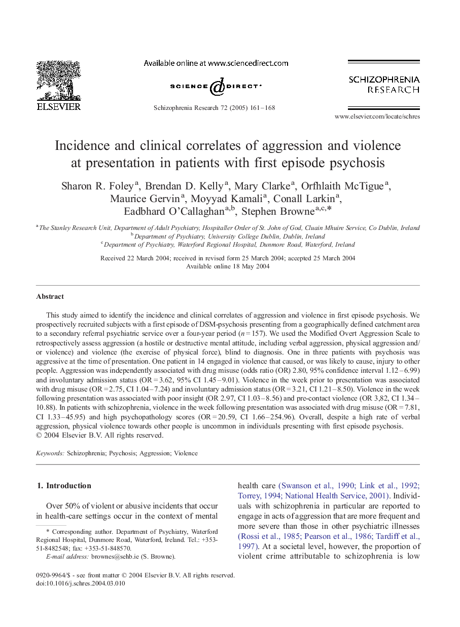 Incidence and clinical correlates of aggression and violence at presentation in patients with first episode psychosis