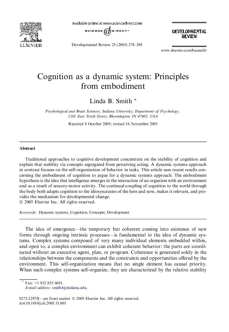 Cognition as a dynamic system: Principles from embodiment