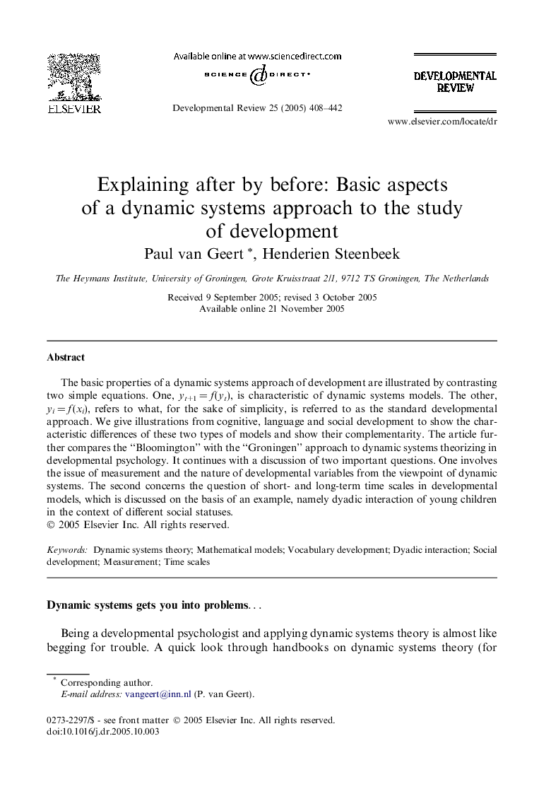 Explaining after by before: Basic aspects of a dynamic systems approach to the study of development