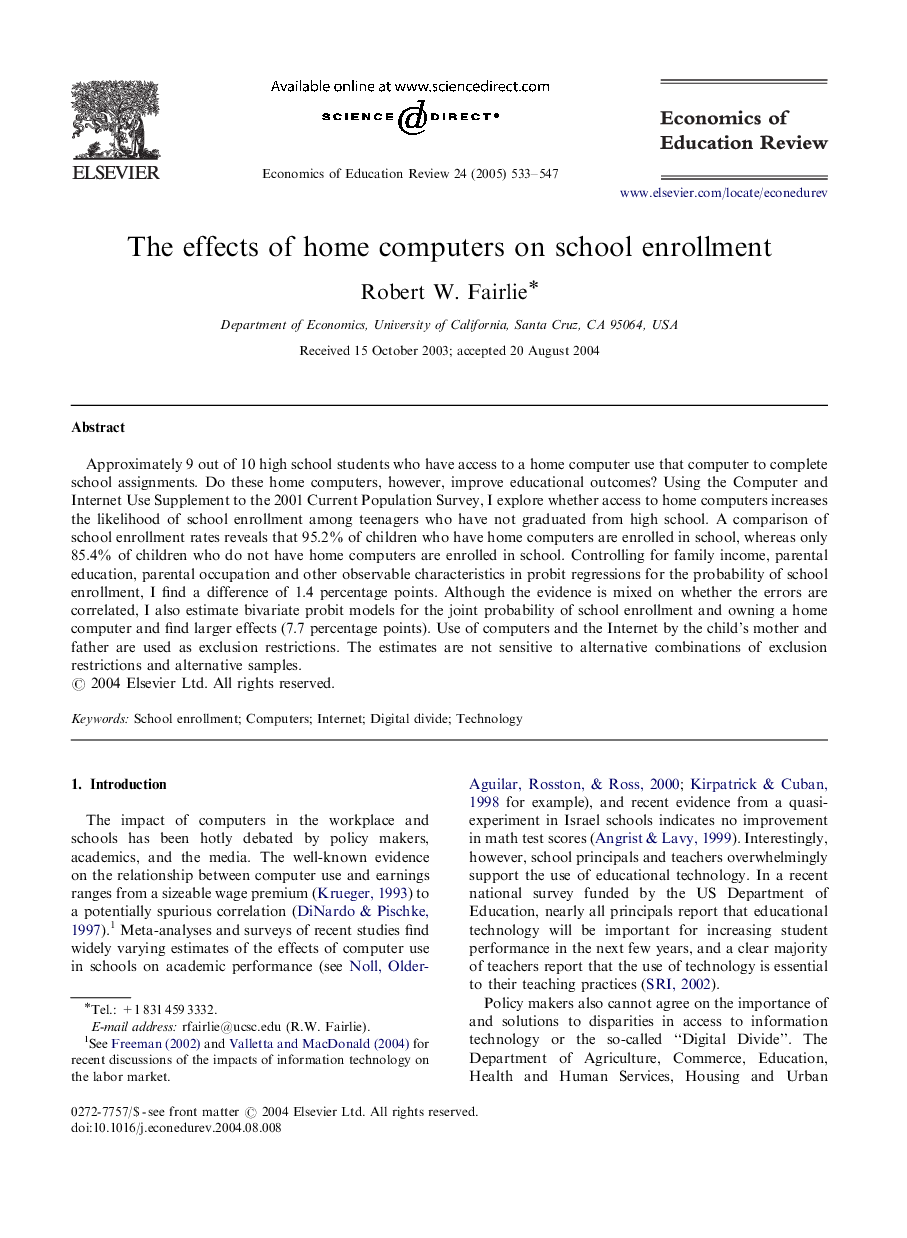 The effects of home computers on school enrollment