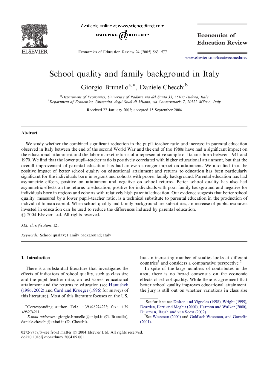 School quality and family background in Italy