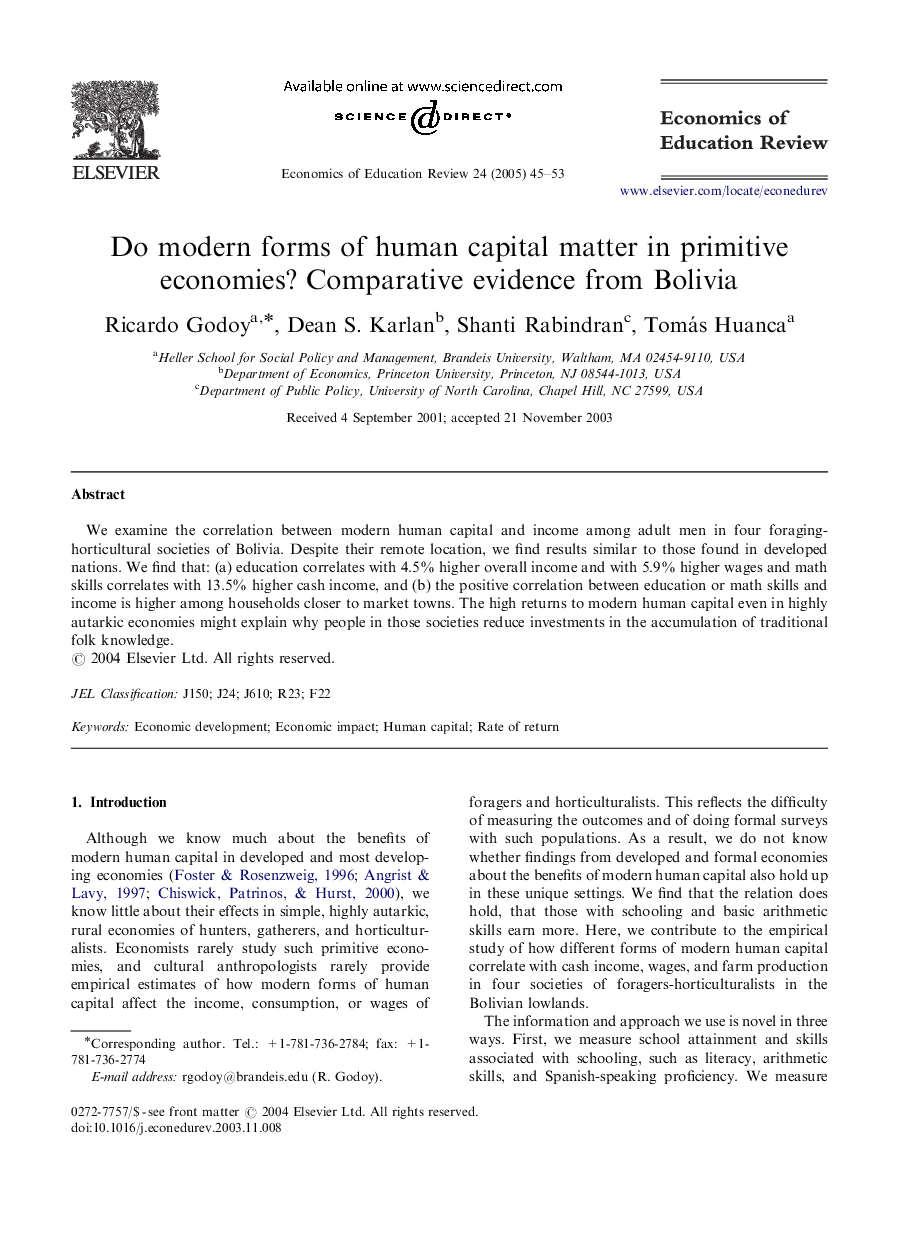 Do modern forms of human capital matter in primitive economies? Comparative evidence from Bolivia