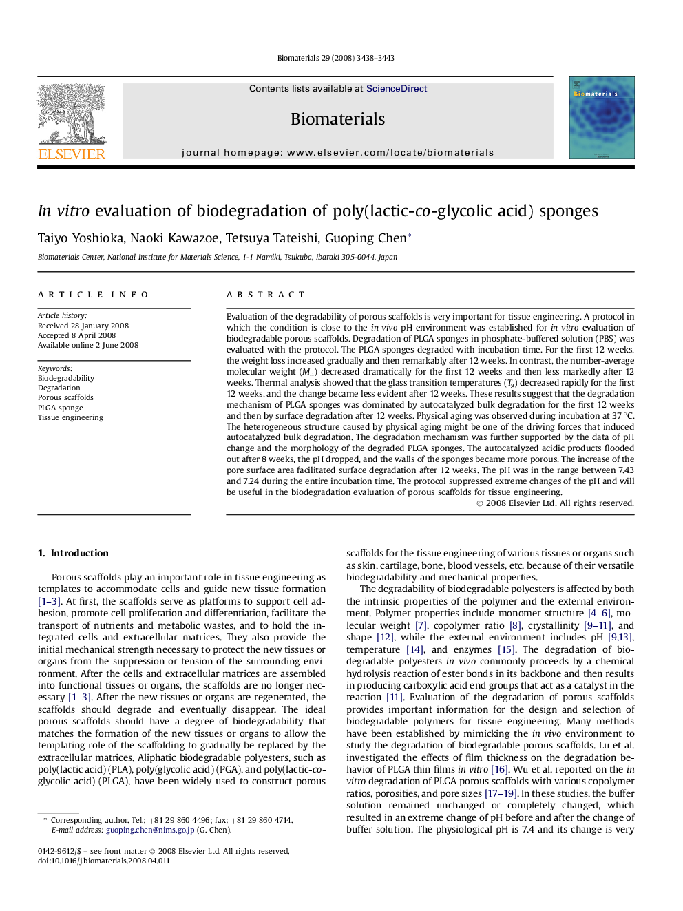 In vitro evaluation of biodegradation of poly(lactic-co-glycolic acid) sponges