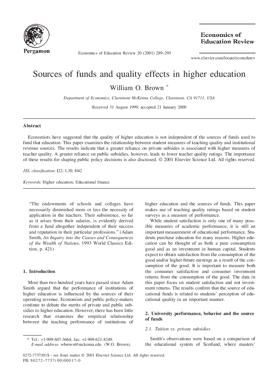 Sources of funds and quality effects in higher education