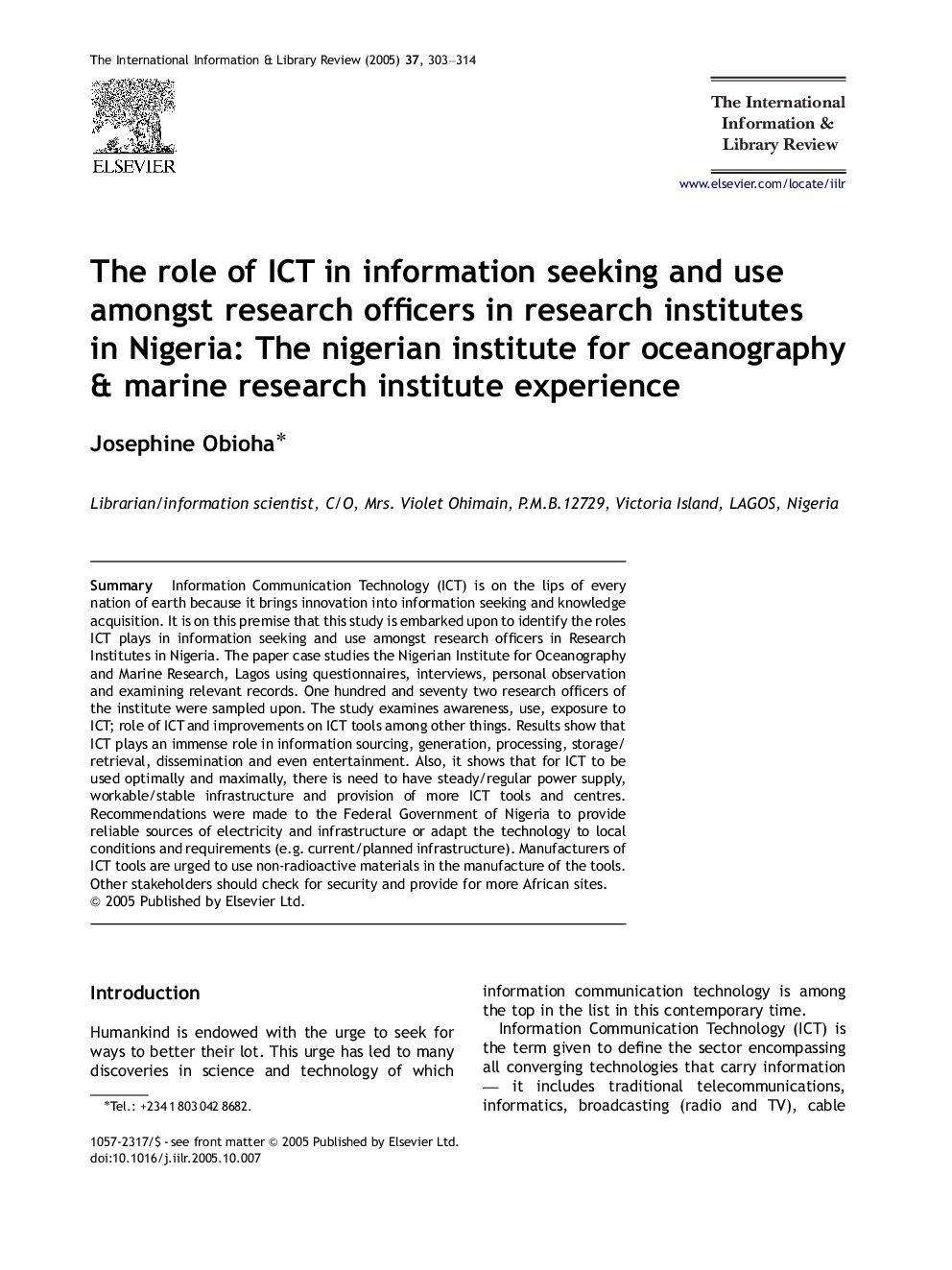 The role of ICT in information seeking and use amongst research officers in research institutes in Nigeria: The nigerian institute for oceanography & marine research institute experience