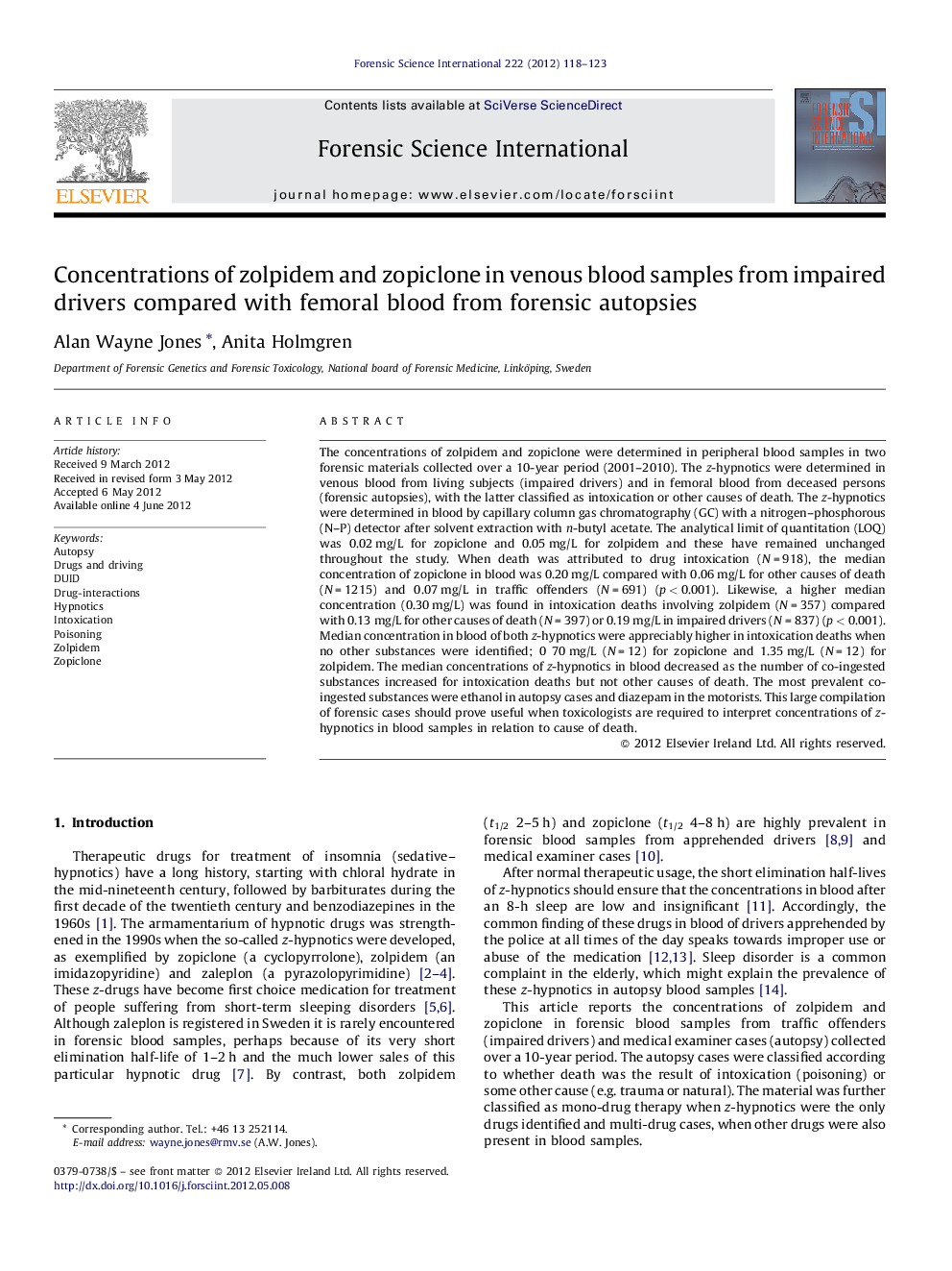 عکس صفحه اول مقاله: Concentrations of zolpidem and zopiclone in venous blood samples from impaired drivers compared with femoral blood from forensic autopsies Concentrations of zolpidem and zopiclone in venous blood samples from impaired drivers compared with femoral blood from forensic autopsies