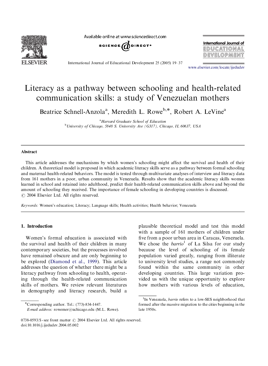 Literacy as a pathway between schooling and health-related communication skills: a study of Venezuelan mothers