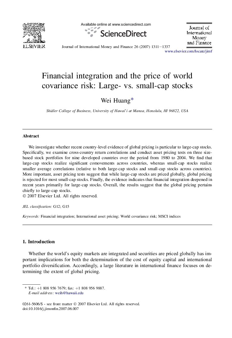 Financial integration and the price of world covariance risk: Large- vs. small-cap stocks