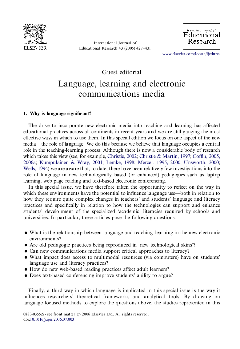 عکس صفحه اول مقاله: Language, learning and electronic communications media Language, learning and electronic communications media
