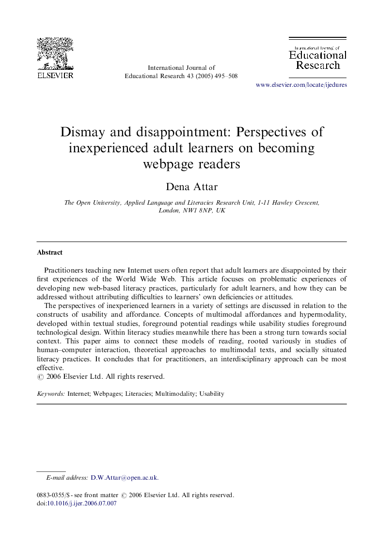 Dismay and disappointment: Perspectives of inexperienced adult learners on becoming webpage readers