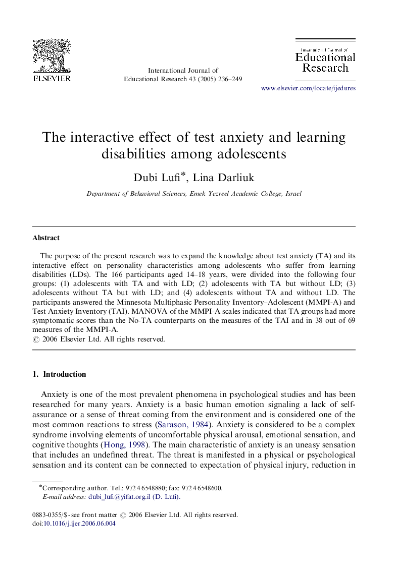 عکس صفحه اول مقاله: The interactive effect of test anxiety and learning disabilities among adolescents The interactive effect of test anxiety and learning disabilities among adolescents
