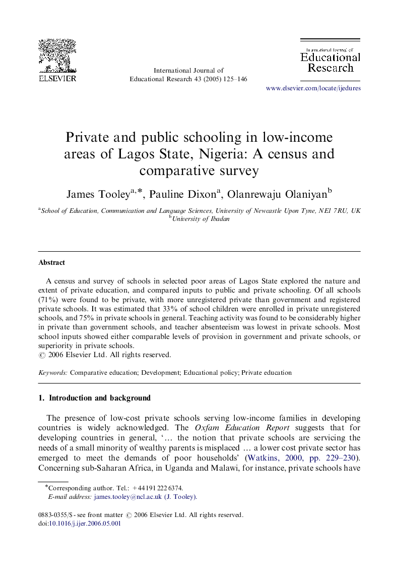 Private and public schooling in low-income areas of Lagos State, Nigeria: A census and comparative survey