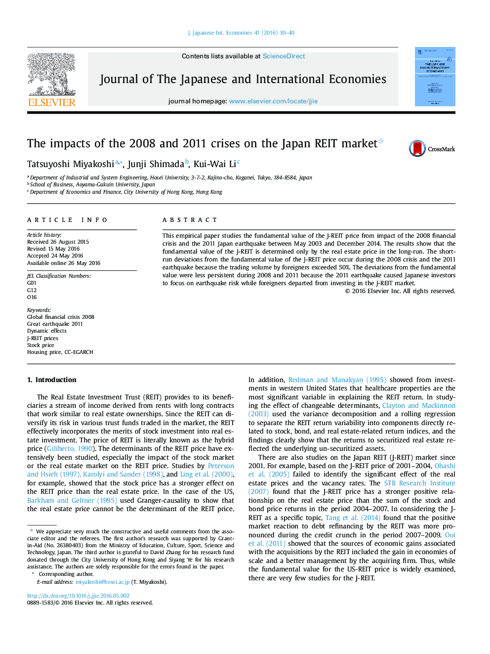 The impacts of the 2008 and 2011 crises on the Japan REIT market 