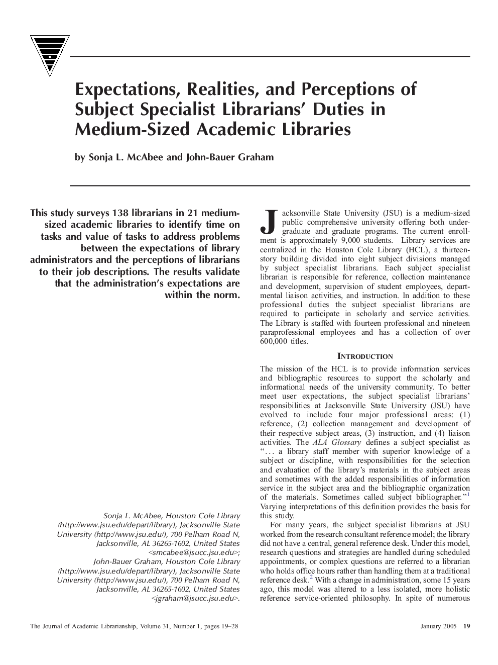 Expectations, Realities, and Perceptions of Subject Specialist Librarians' Duties in Medium-Sized Academic Libraries