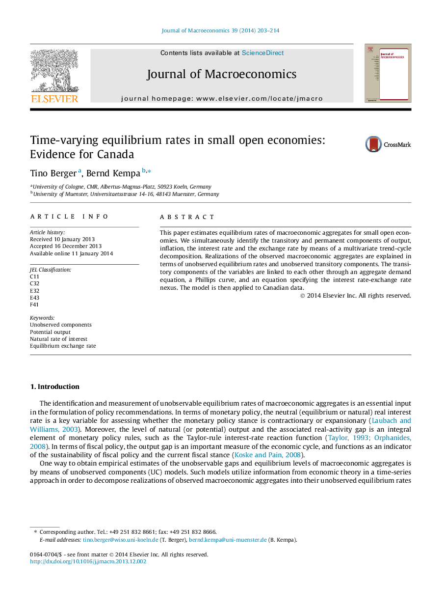 Time-varying equilibrium rates in small open economies: Evidence for Canada